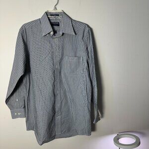 EUC Stafford Essentials The Blazer Shirt Mens White Blue Gray Striped 15 1/2